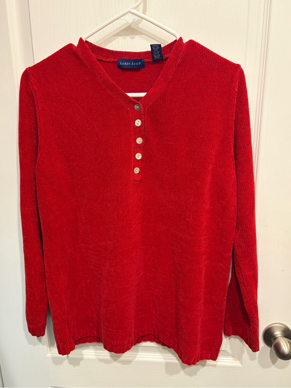 Karen Scott Bright Red V-Neck Henley Sweater